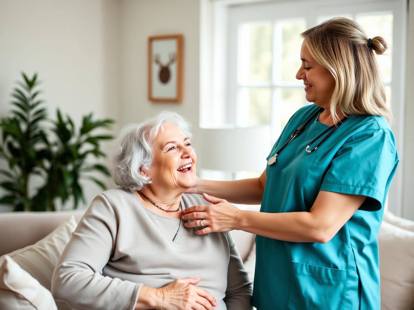 Caregiver sharing a warm moment with an elderly woman at home